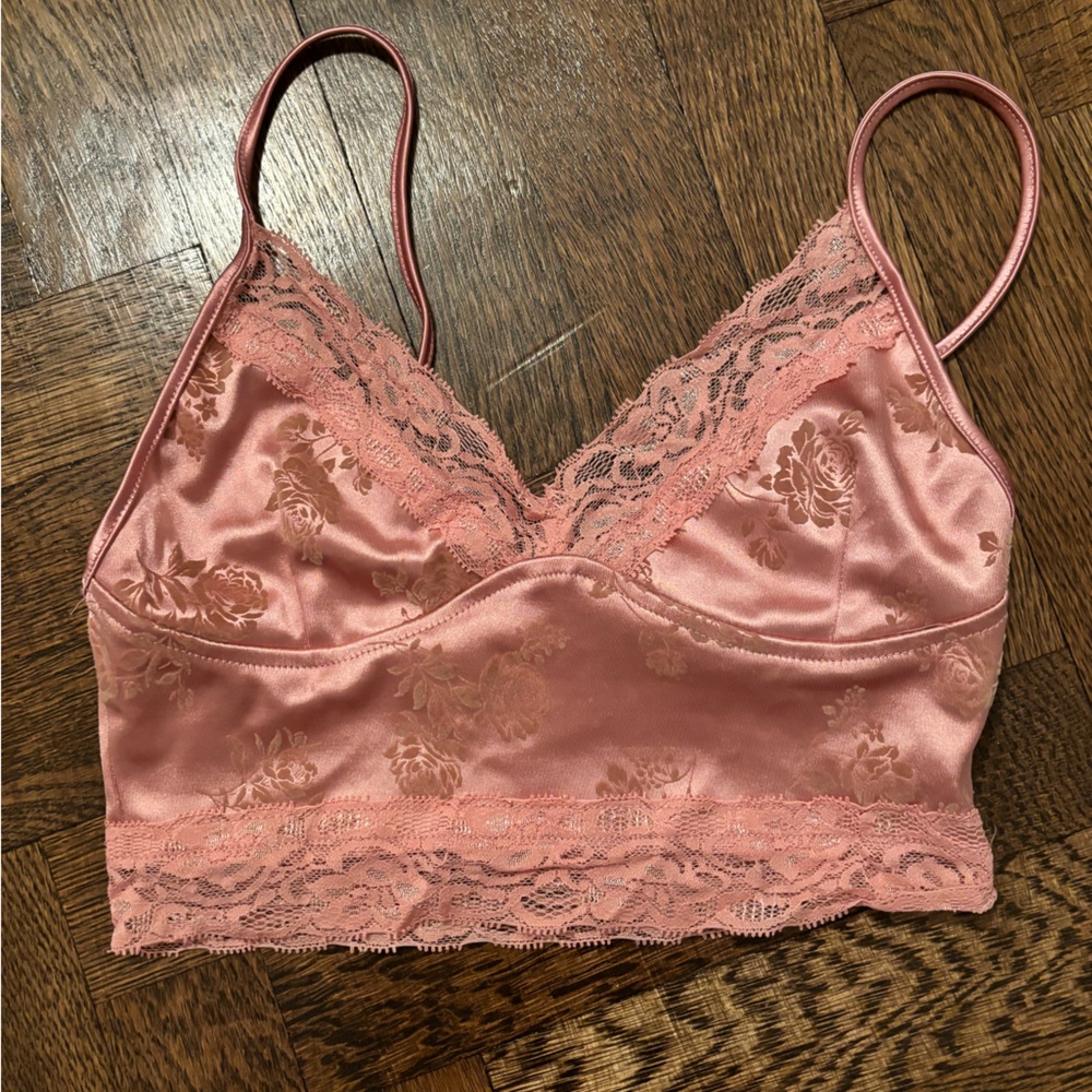 Pink satin lace rose cropped tank top